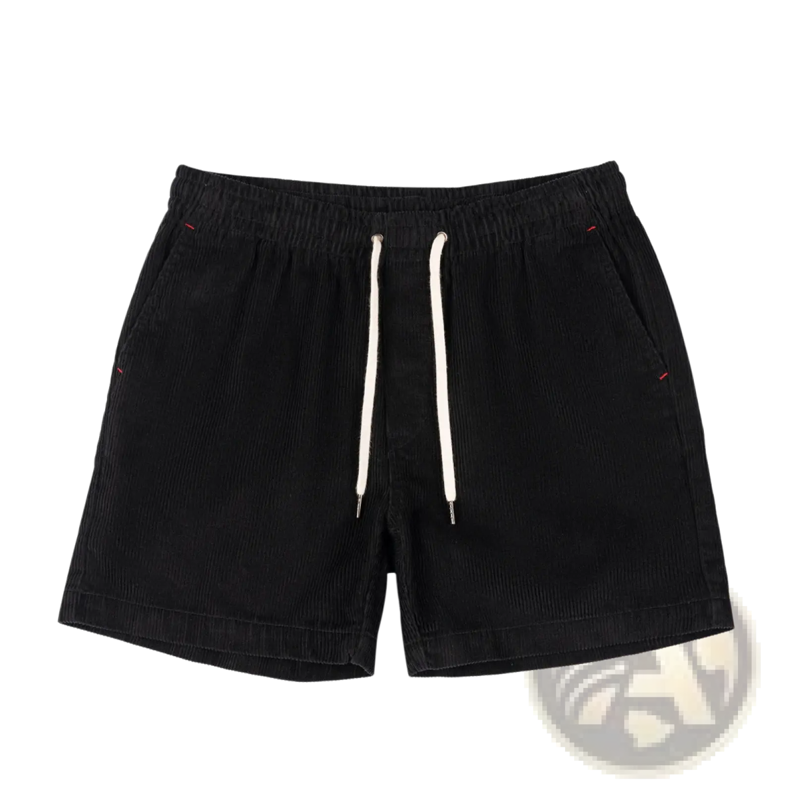Men cotton corduroy shorts in black with white drawstrings and subtle red pocket stitching for casual summer wear