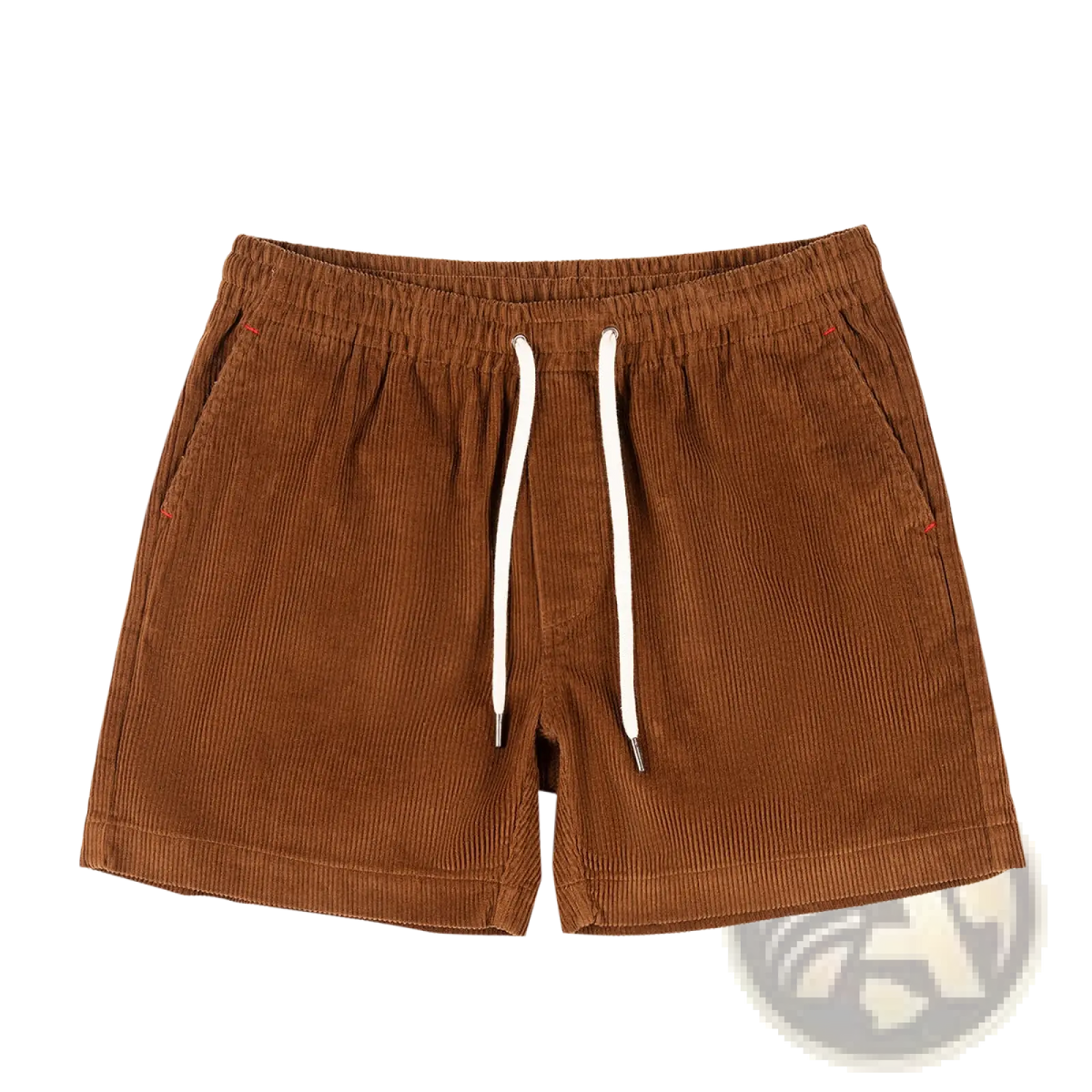 Men cotton corduroy shorts in brown with white drawstrings and subtle red stitching for casual summer wear