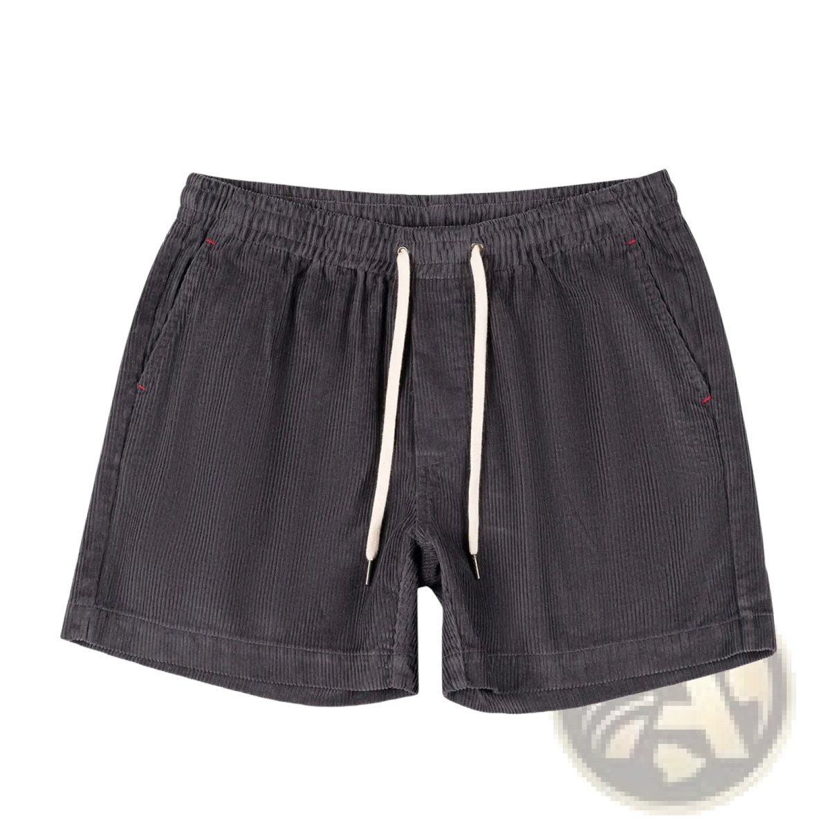 Men cotton corduroy shorts in dark gray with white drawstrings and subtle red stitching for casual summer wear