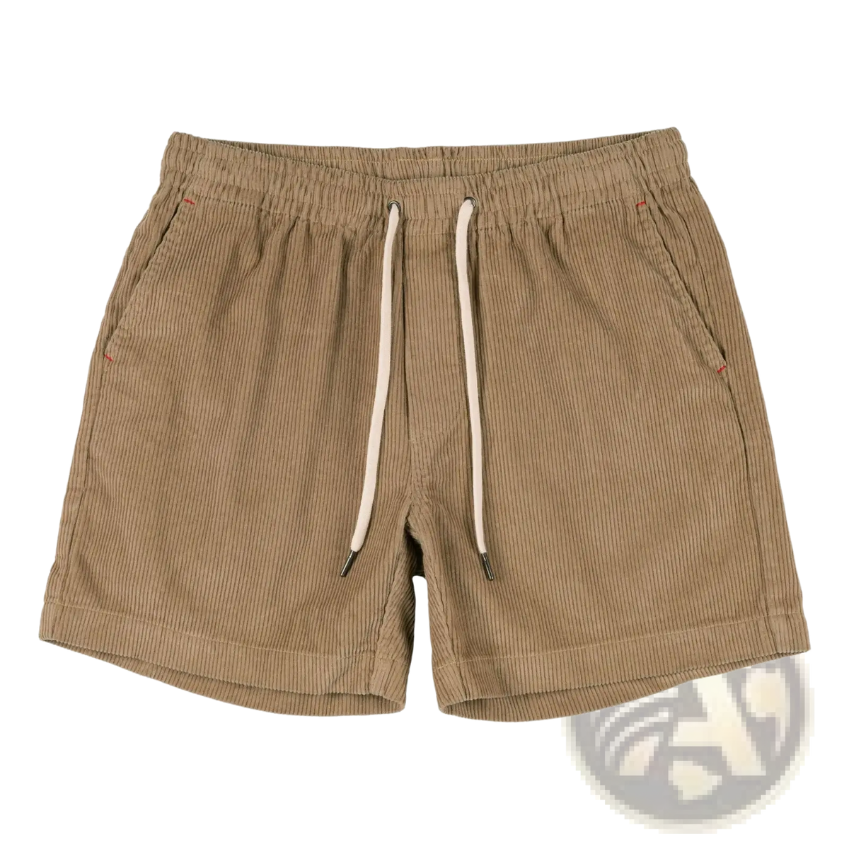 Beige men cotton corduroy shorts with drawstring waistband and side pockets for casual summer wear