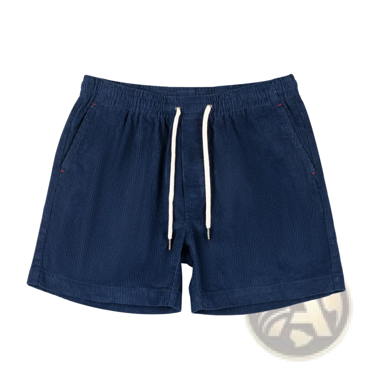 Men cotton corduroy shorts in navy blue with white drawstrings and red stitching for casual summer wear