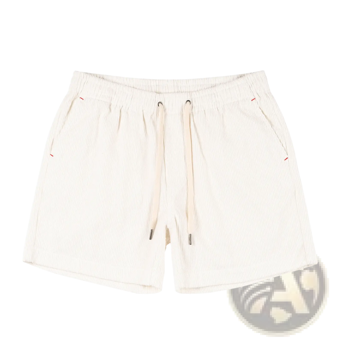 Cream-colored cotton corduroy shorts with subtle red stitching and matching drawstring waistband for casual summer wear