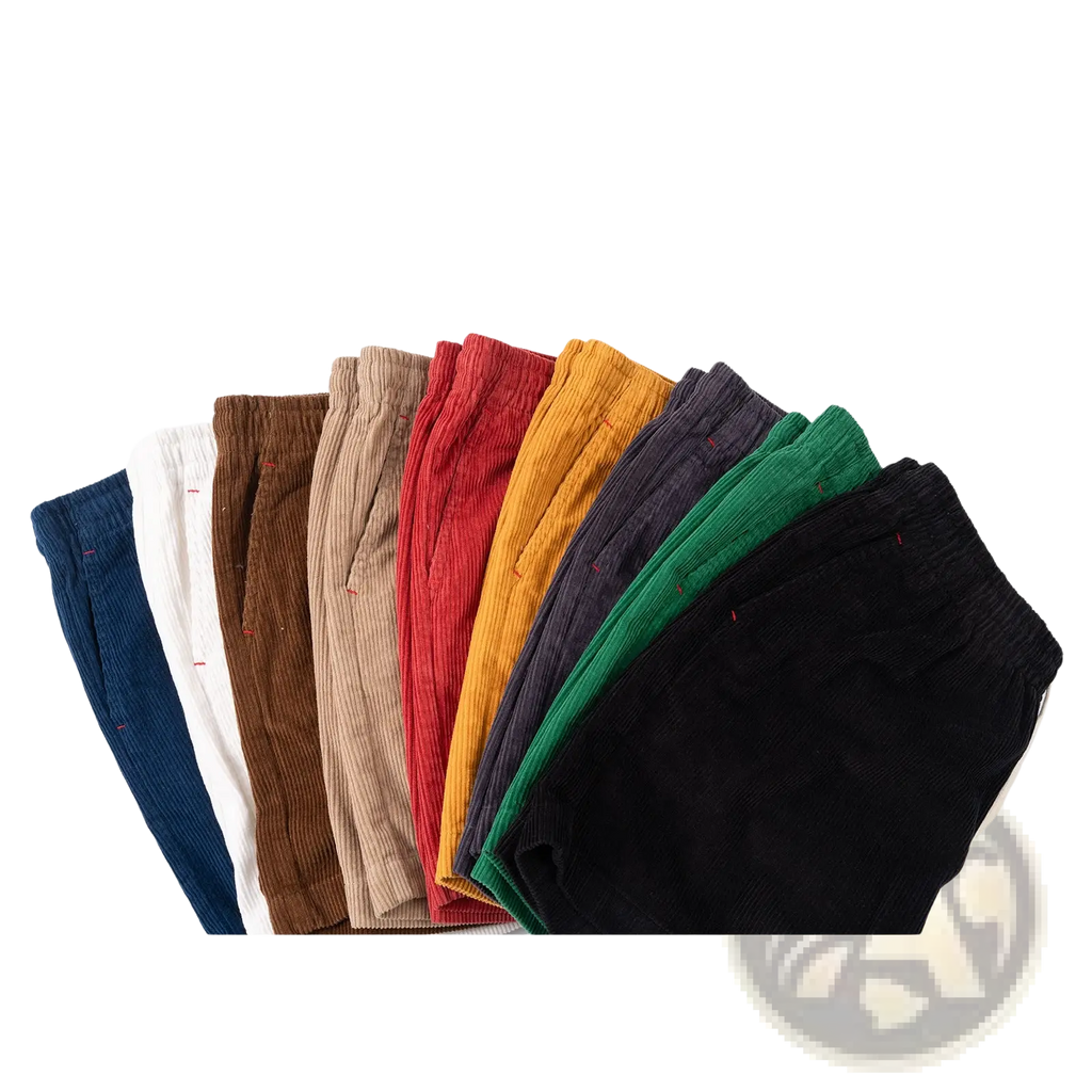 A collection of men cotton corduroy casual drawstring shorts in navy white brown beige red orange gray green and black