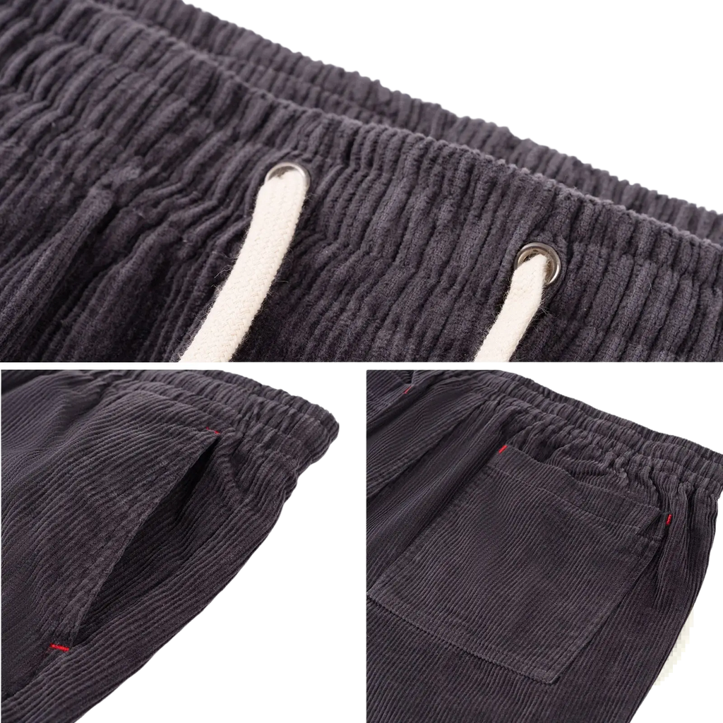 Men cotton corduroy shorts in dark gray with white drawstrings and red stitching on pockets for casual summer wear