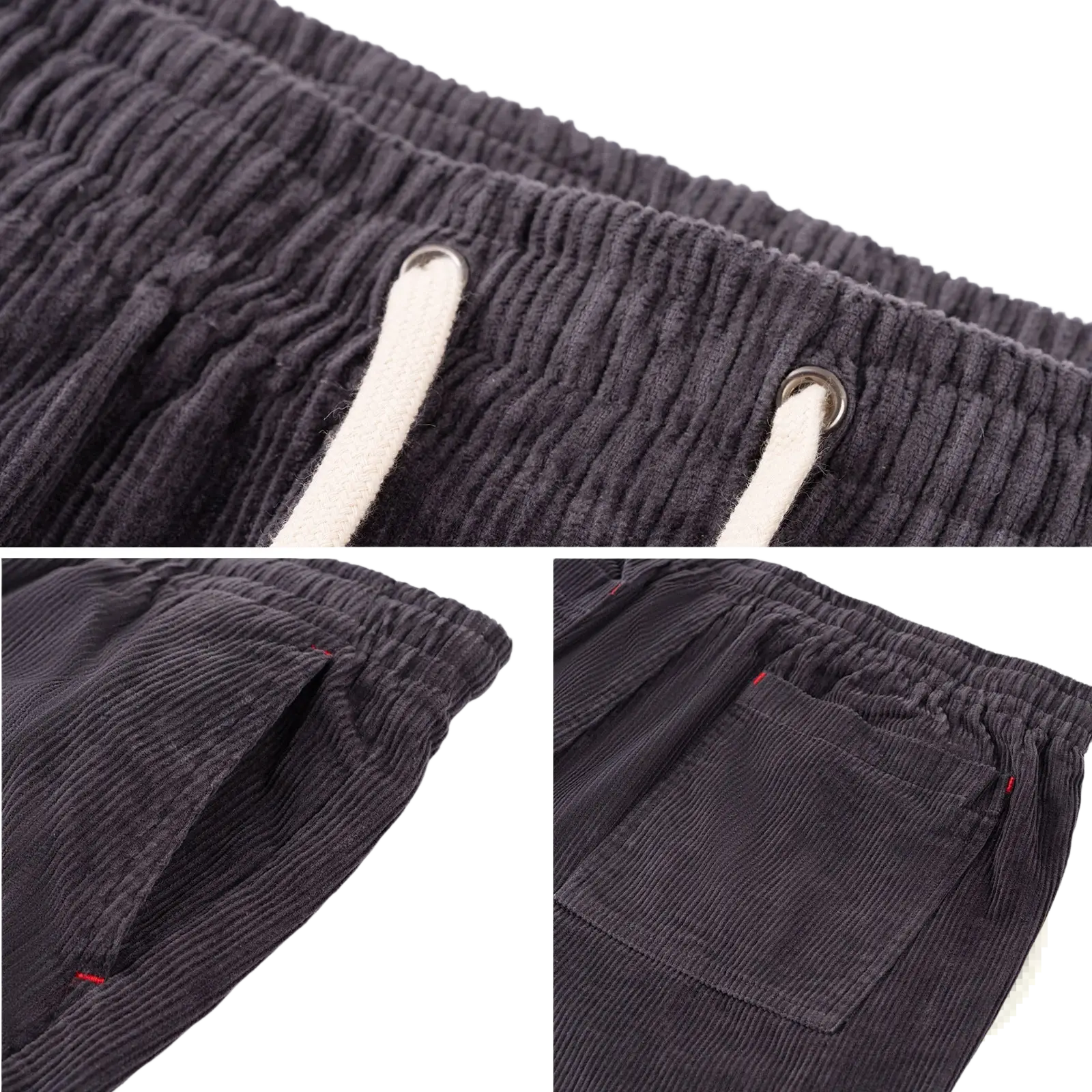 Men cotton corduroy shorts in dark gray with white drawstrings and red stitching on pockets for casual summer wear