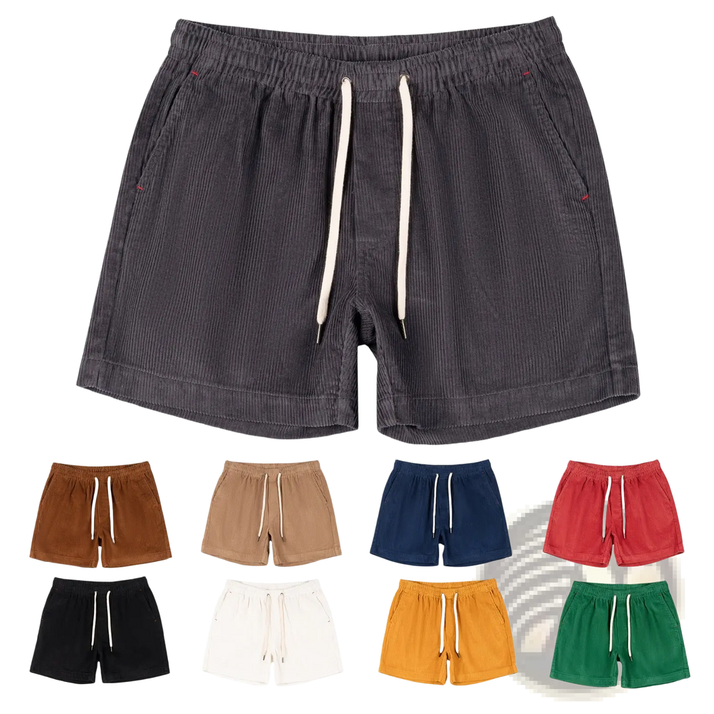 Men cotton corduroy shorts in dark gray with white drawstrings and red stitching for casual summer wear