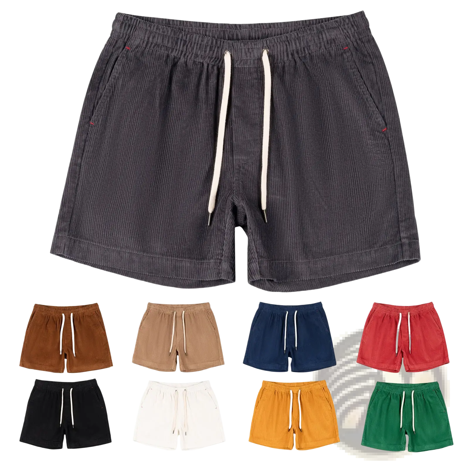 Men cotton corduroy shorts in dark gray with white drawstrings and red stitching for casual summer wear
