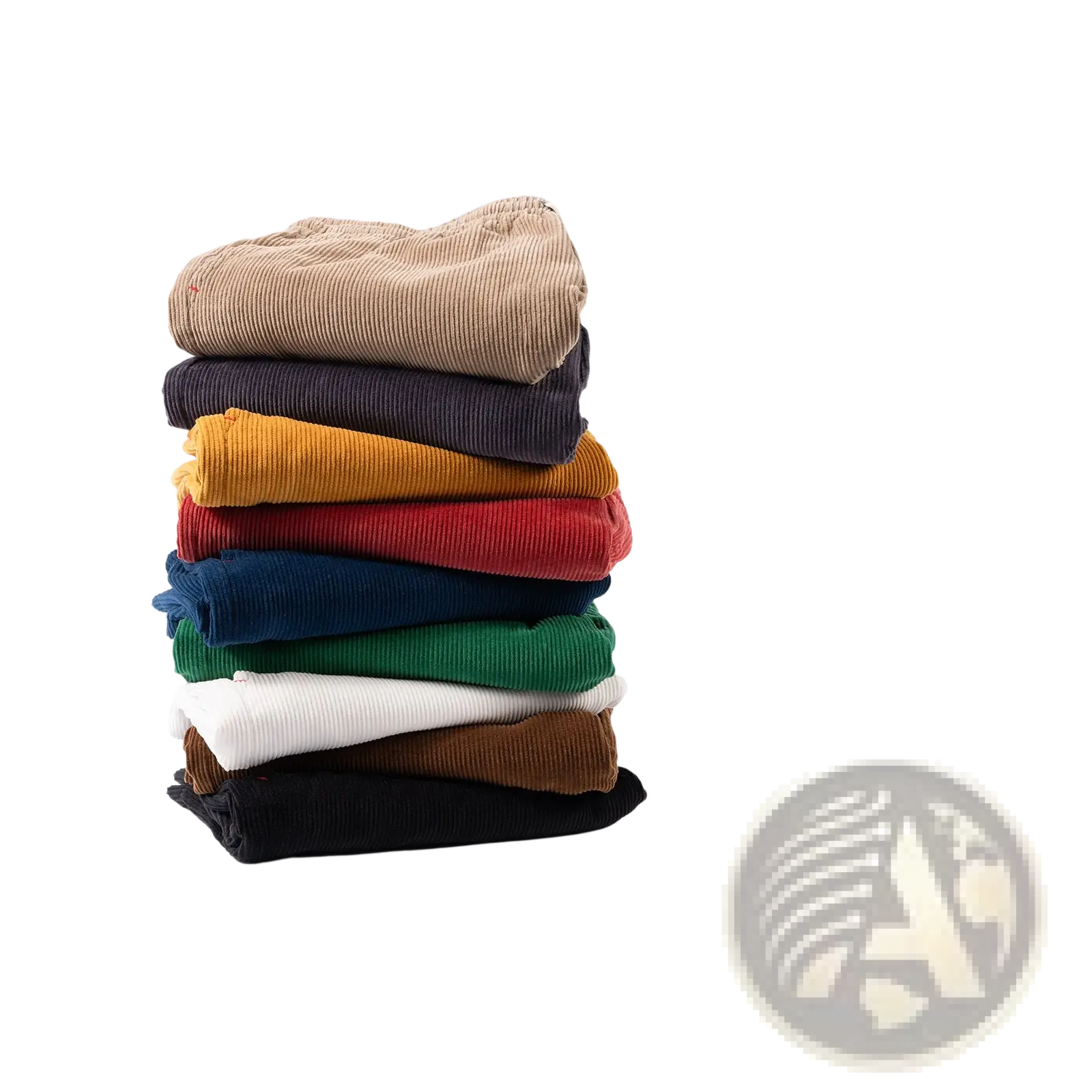 Stack of neatly folded men cotton corduroy shorts in assorted solid colors with casual summer drawstring design