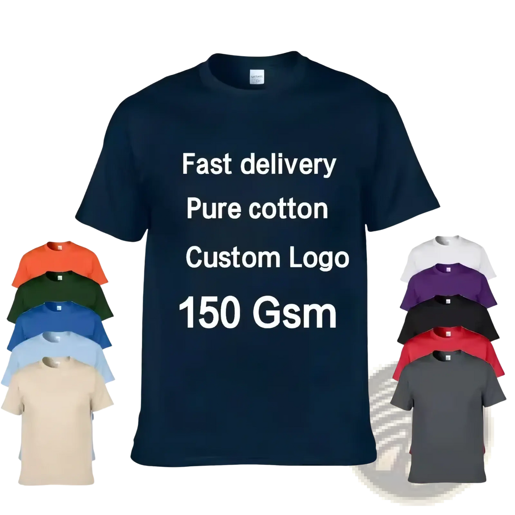 Dark navy blue short-sleeved men cotton t-shirt with custom logo print casual crew neck design