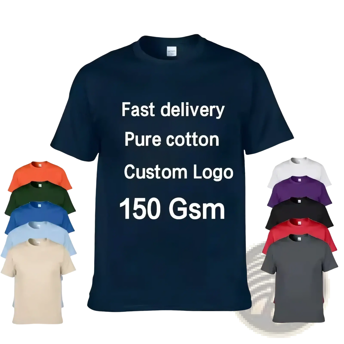 Dark navy blue short-sleeved men cotton t-shirt with custom logo print casual crew neck design