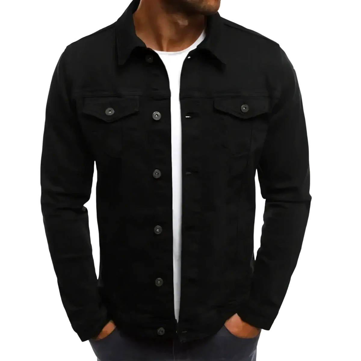 Men cotton black denim trucker jacket with buttoned chest pockets and classic collar for casual streetwear