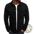 Men cotton denim trucker jacket in black with silver buttons and two chest pockets for casual streetwear
