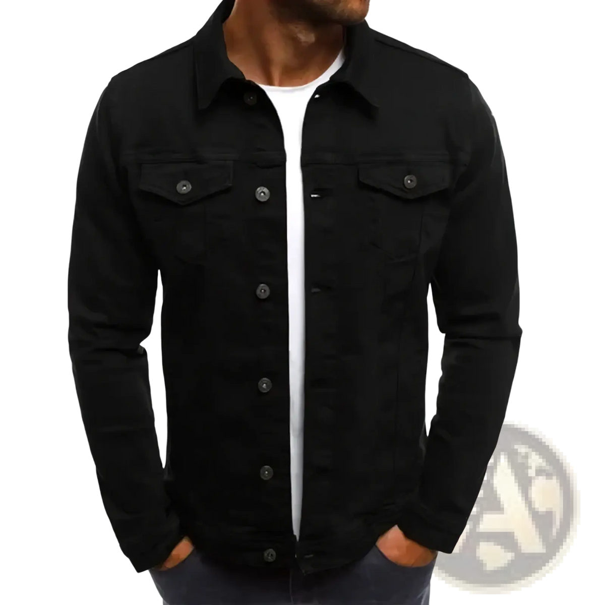 Men cotton denim trucker jacket in black with silver buttons and two chest pockets for casual streetwear