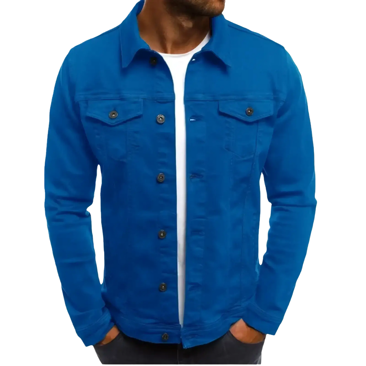 Bright blue cotton denim trucker jacket with dark brown buttons and two chest pockets for casual streetwear