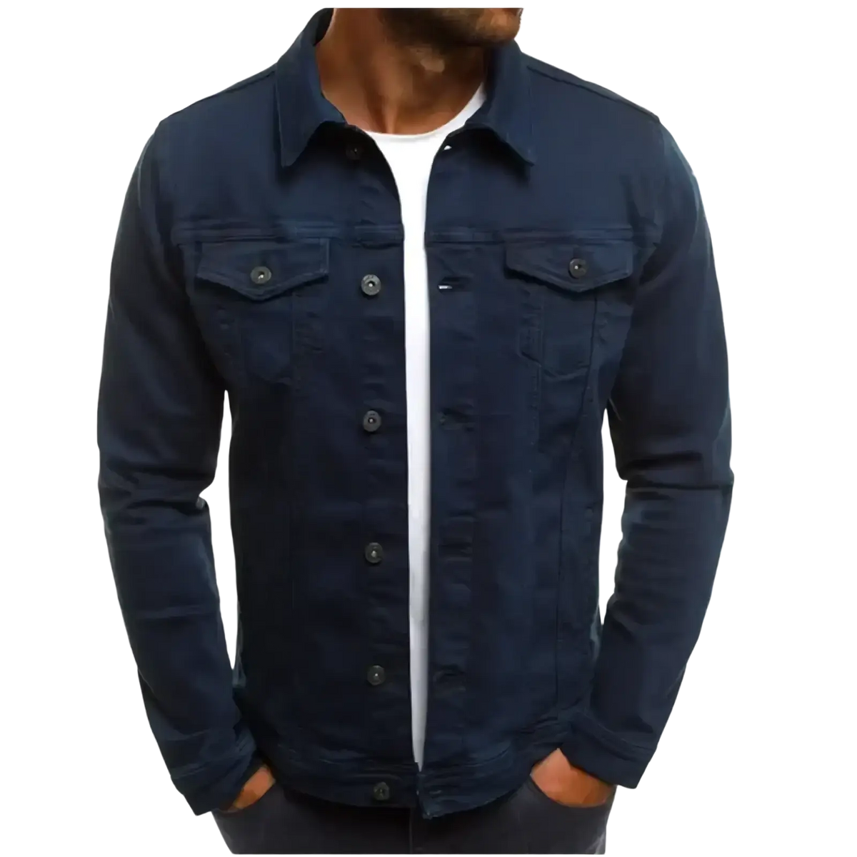Dark blue cotton denim trucker jacket with button closures and two chest pockets for casual streetwear