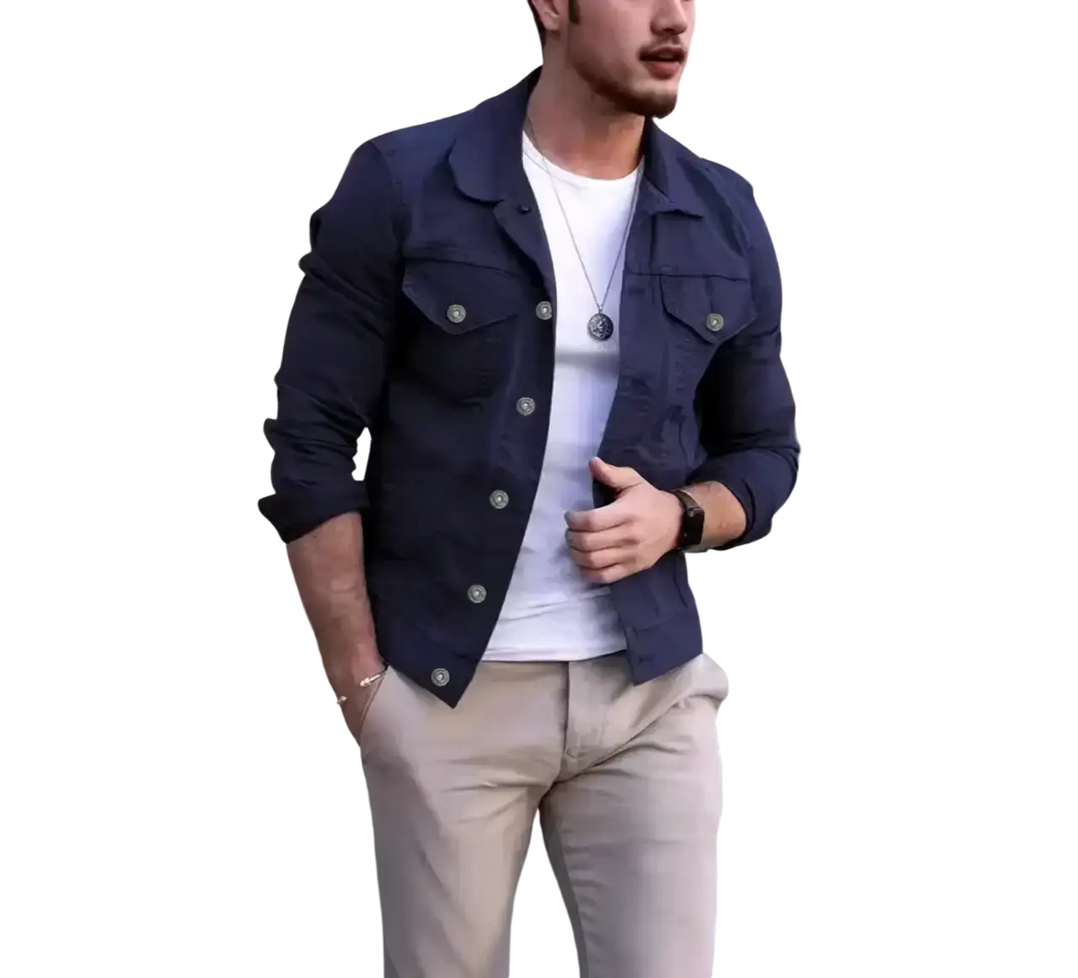 Navy blue cotton denim trucker jacket with silver buttons and flap pockets for casual streetwear men