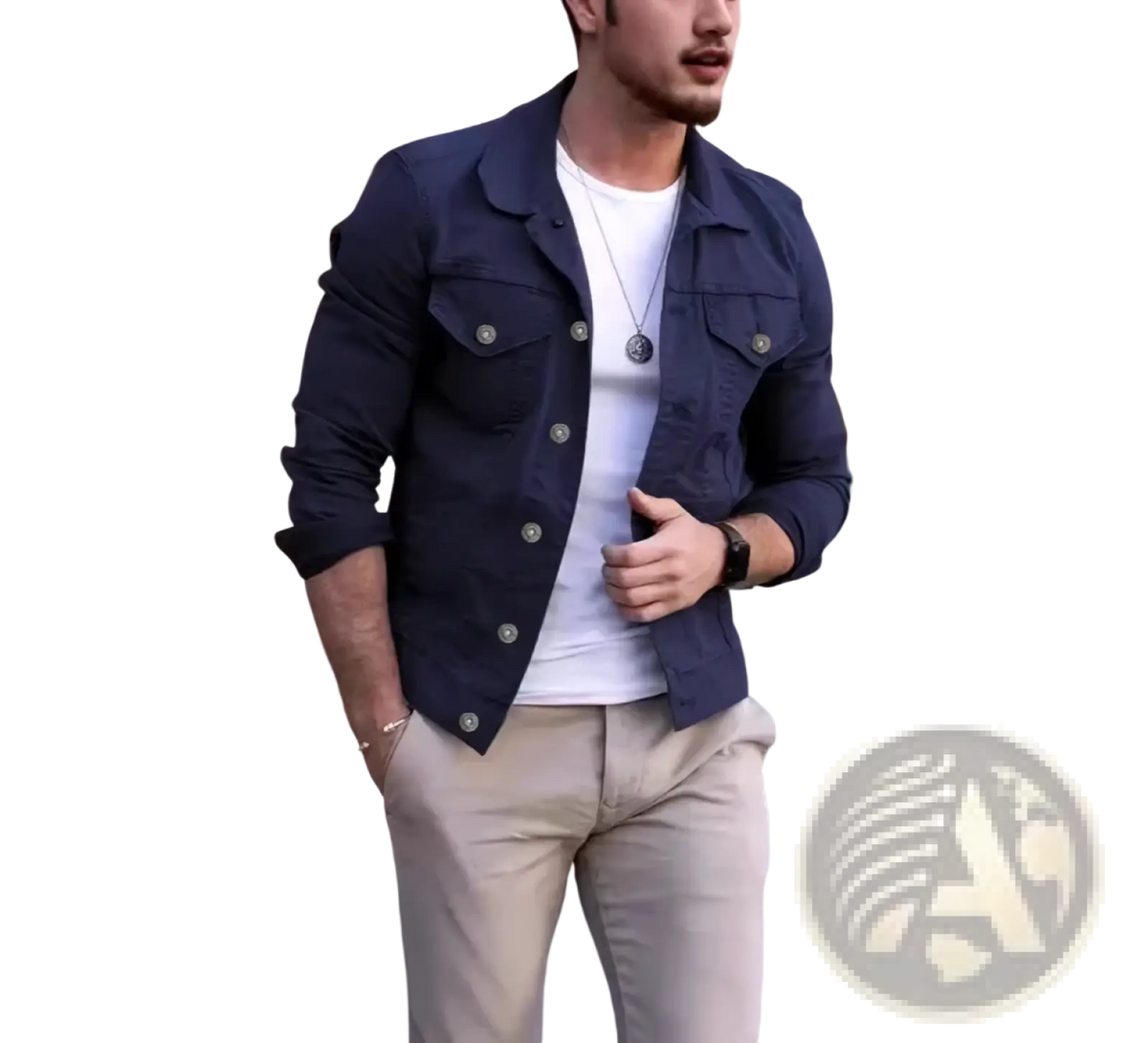 Men cotton denim trucker jacket in navy blue with silver buttons and two front pockets for casual streetwear