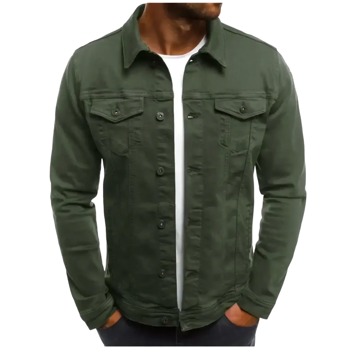 Olive green cotton denim trucker jacket with button closures and flap pockets for casual streetwear