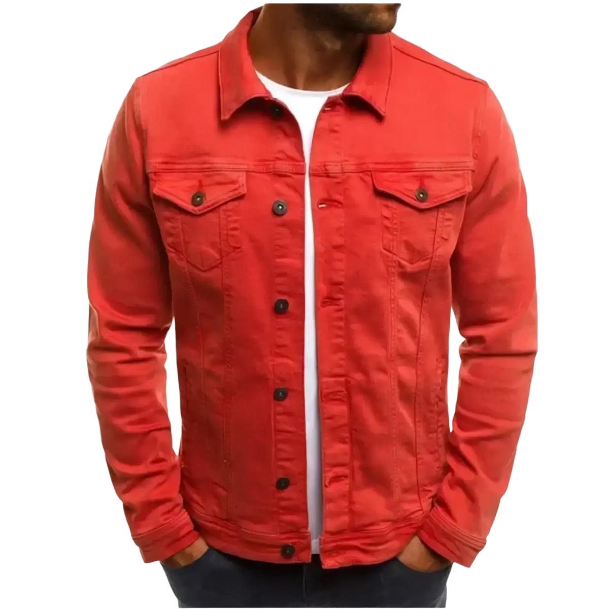 Men cotton denim trucker jacket in vibrant red with black buttons and two chest pockets for casual streetwear