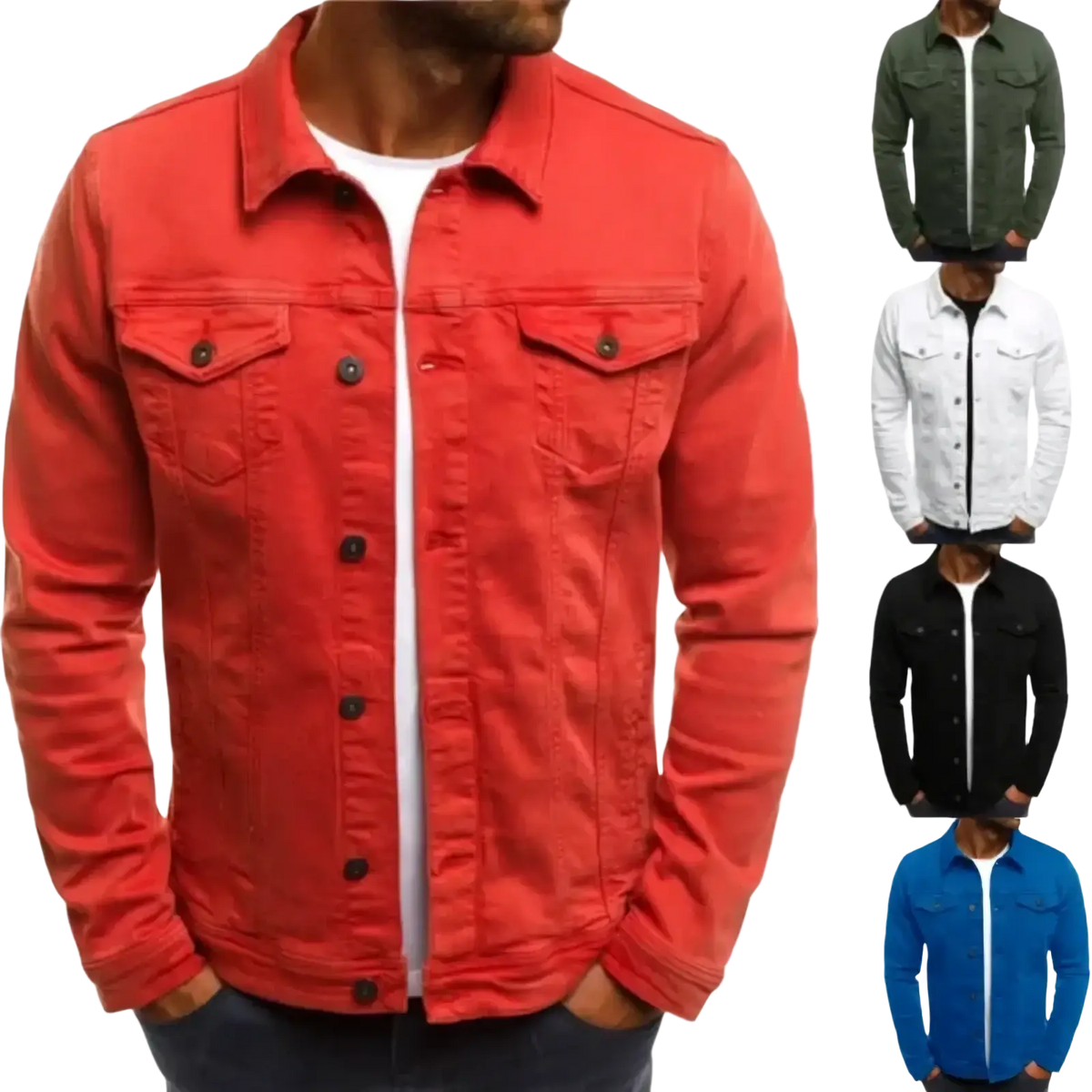 Vibrant red cotton denim trucker jacket with chest pockets and black buttons for casual streetwear use