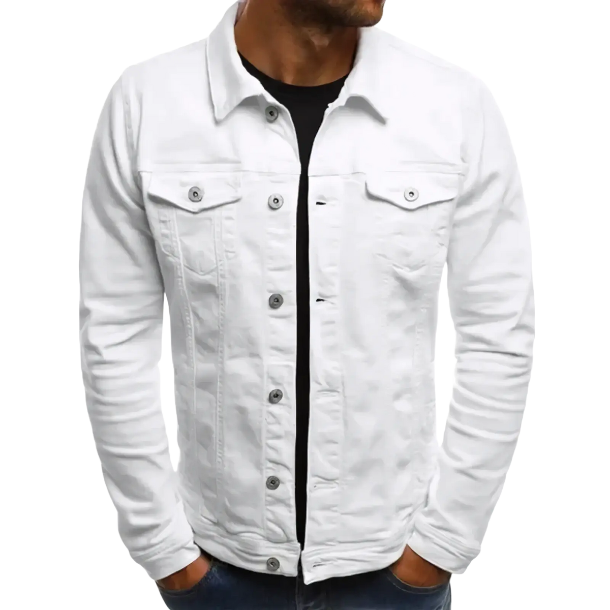 Men cotton denim trucker jacket in white with silver buttons and two chest pockets for casual streetwear