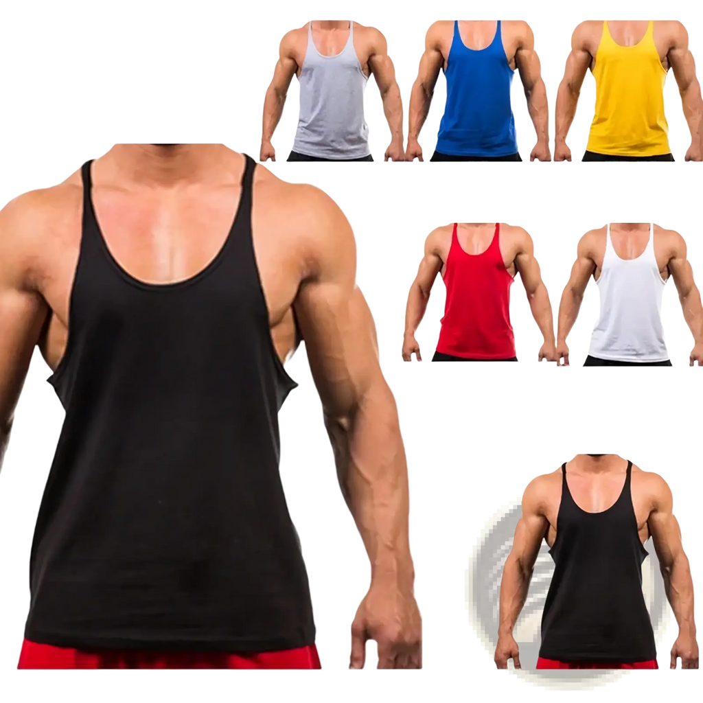 Black cotton men gym muscle tank top with classic racerback design and ribbed neckline shown from the back side