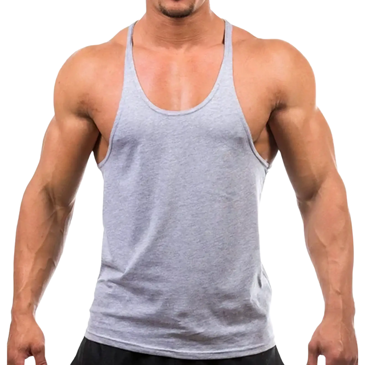 Men cotton gym muscle tank top in gray heathered fabric with thin straps and rounded neckline