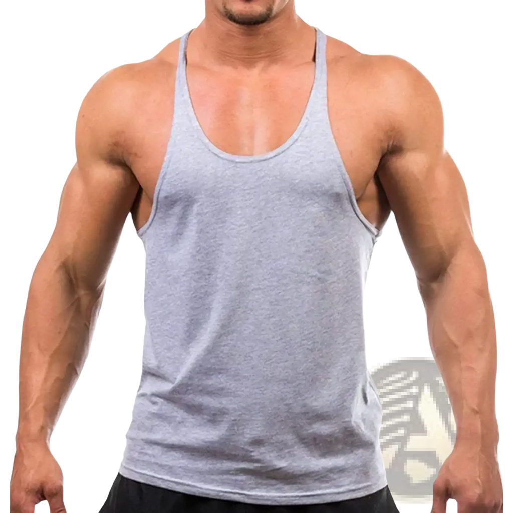 Men cotton gym muscle tank top in gray heathered fabric with thin straps and rounded neckline