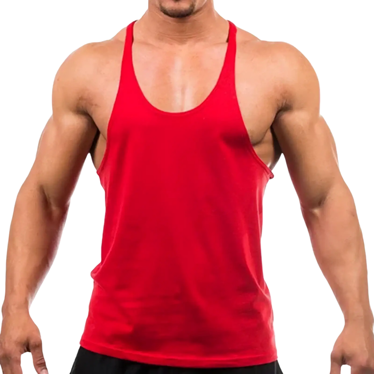 Men cotton gym muscle tank top in red with a scoop neckline and thin shoulder straps for athletic use