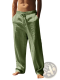 Olive green linen men cotton hemp casual beach pants with drawstring waistband displayed from the front