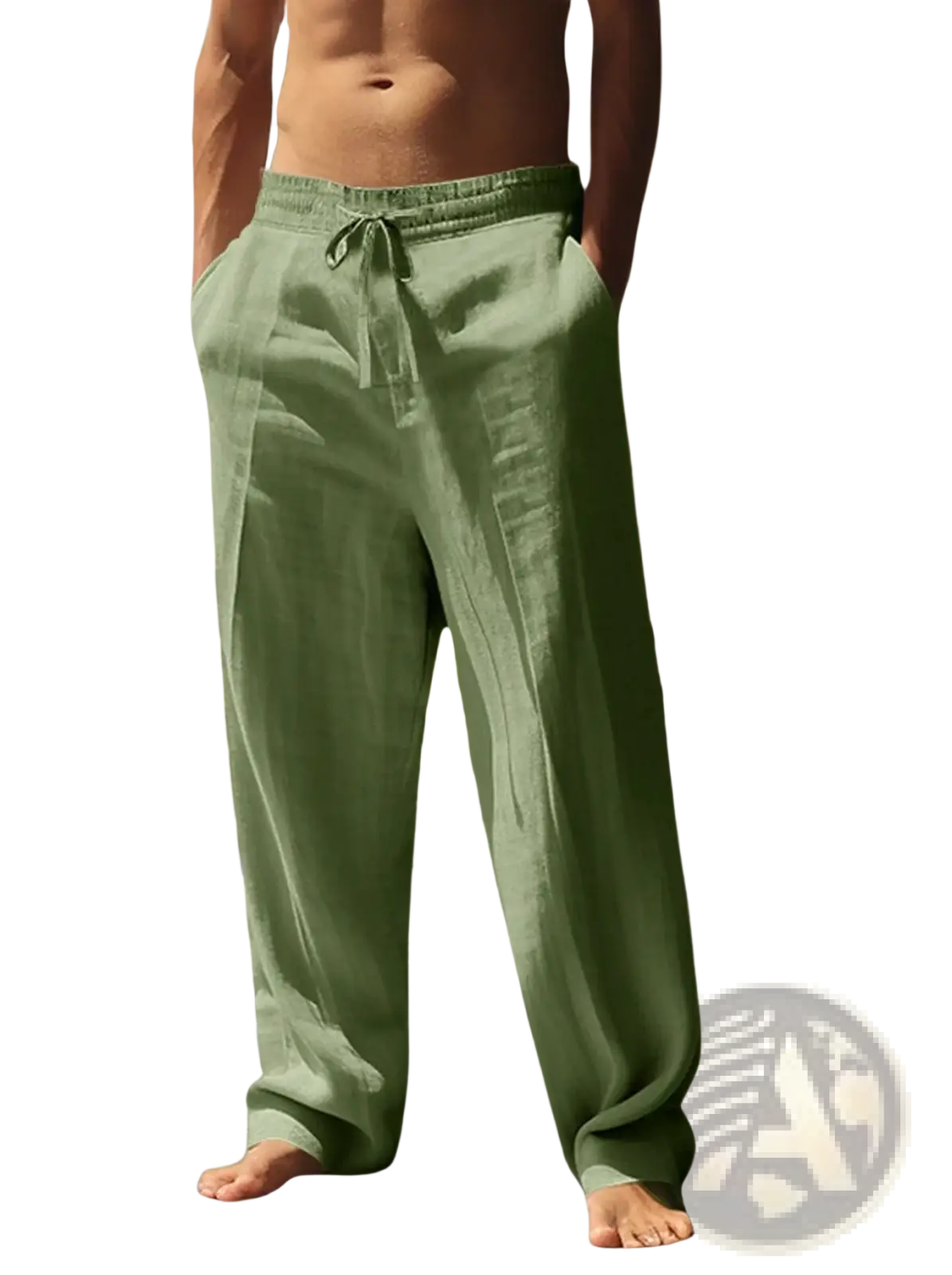 Olive green linen men cotton hemp casual beach pants with drawstring waistband displayed from the front