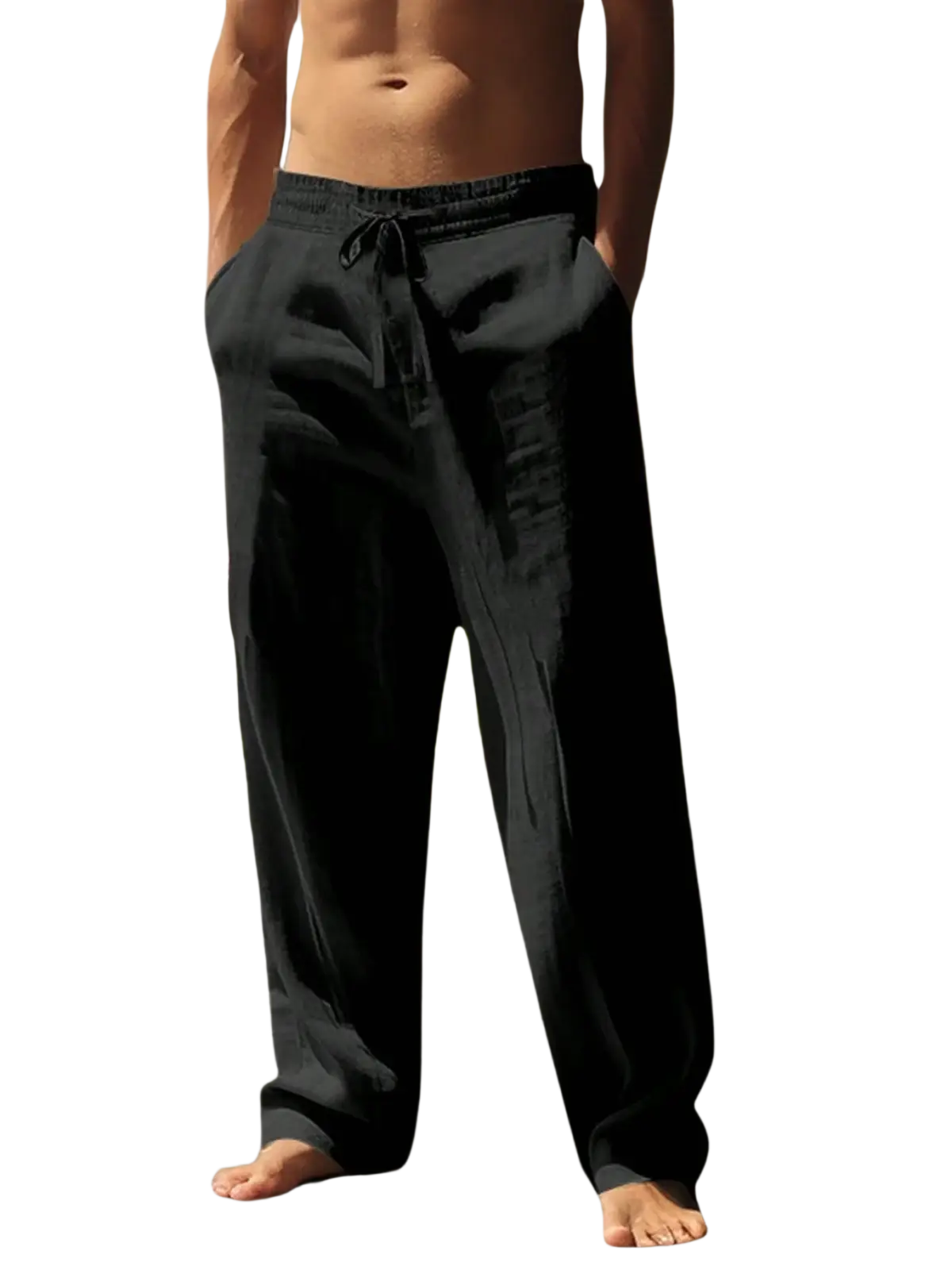 Black loose-fitting men cotton hemp casual beach pants with drawstring waistband for comfort and style