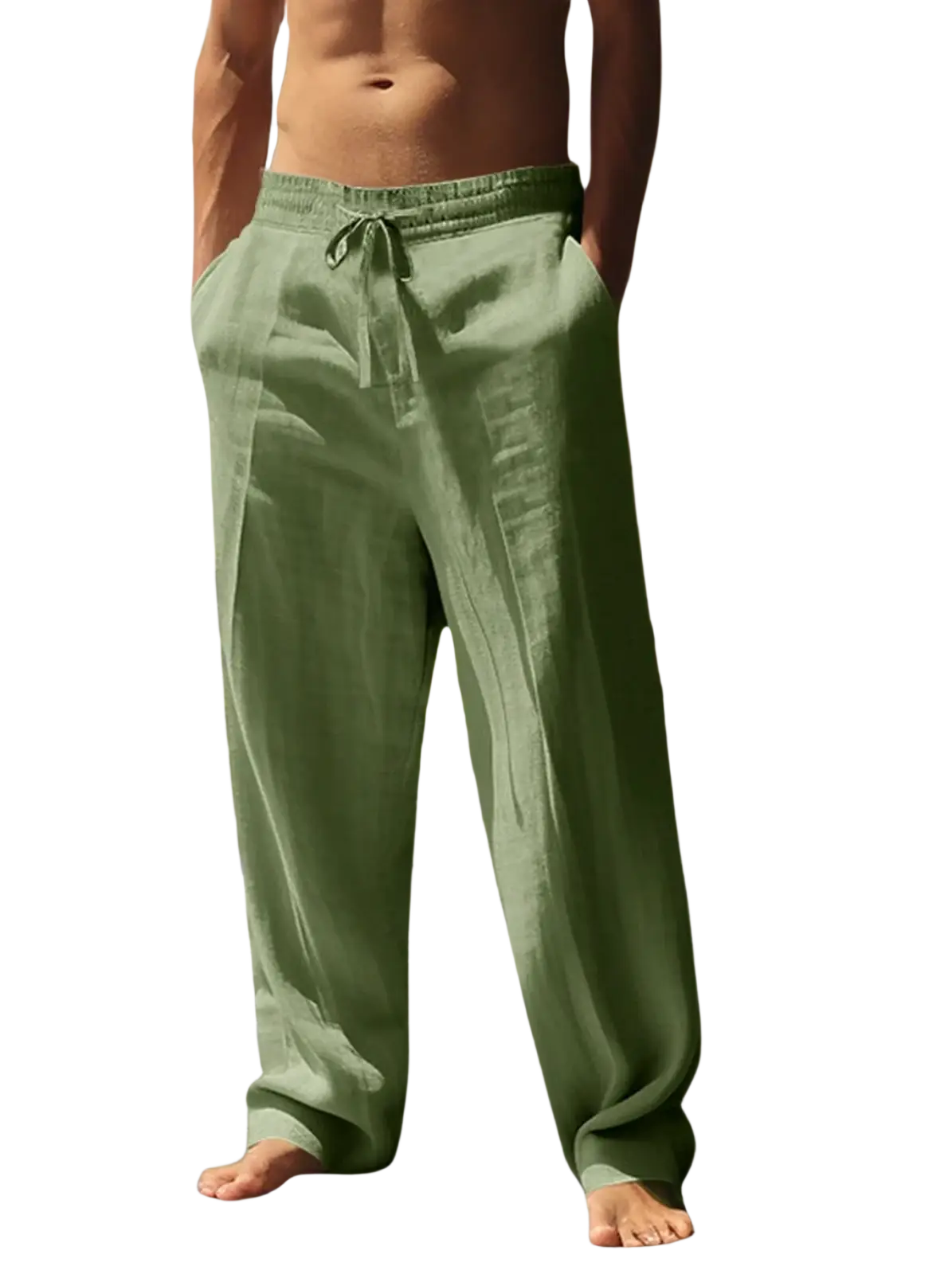 Olive green linen men cotton hemp casual beach pants with drawstring waistband displayed from the front