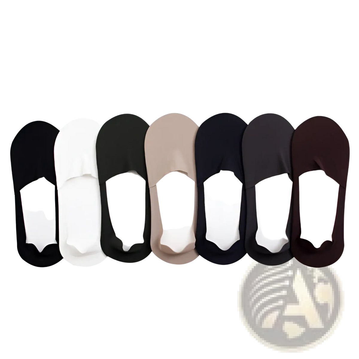 A set of six men cotton invisible no show socks in black white dark gray beige and brown colors
