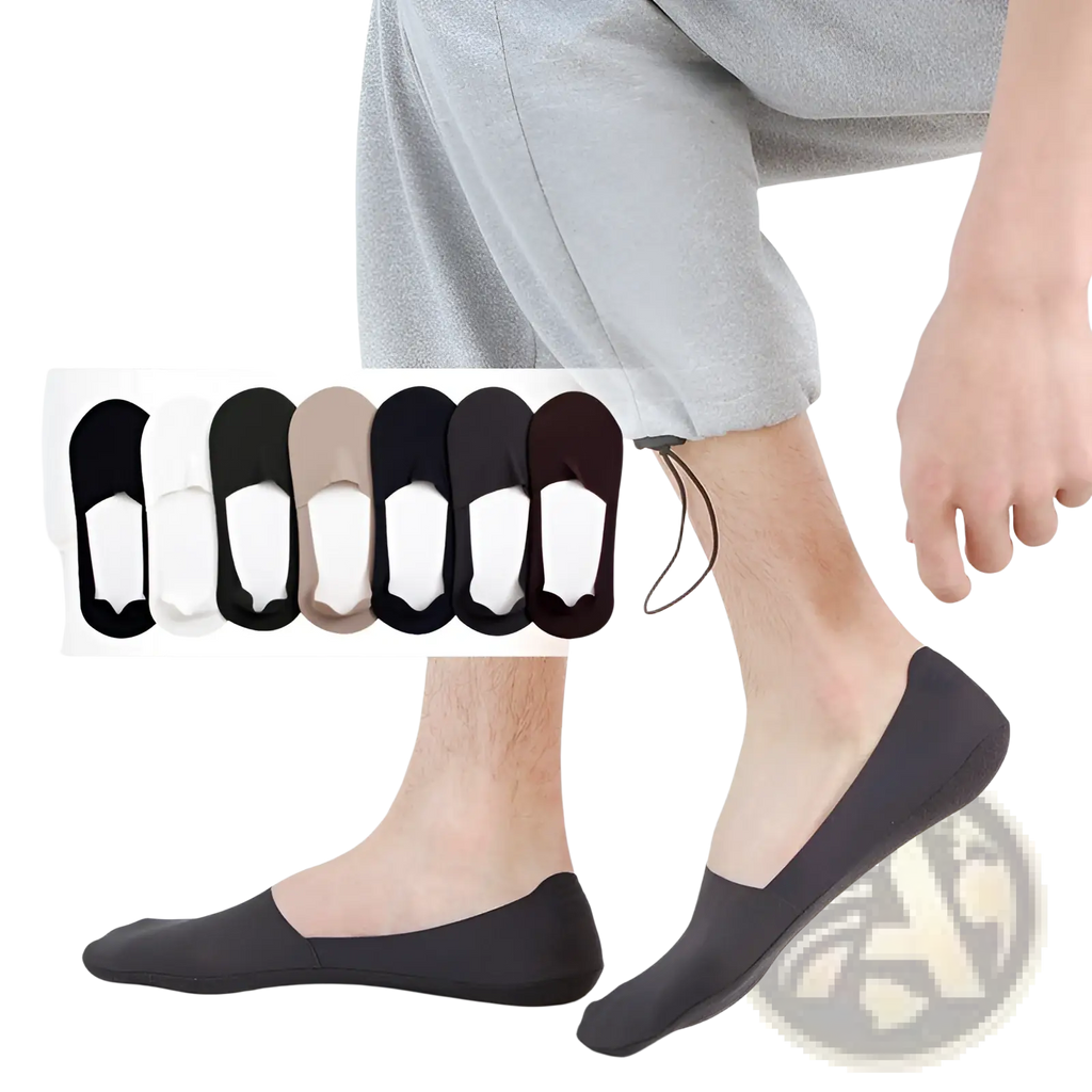 Men cotton invisible no show socks black with smooth seamless design and elastic ankle cuff shown from back side
