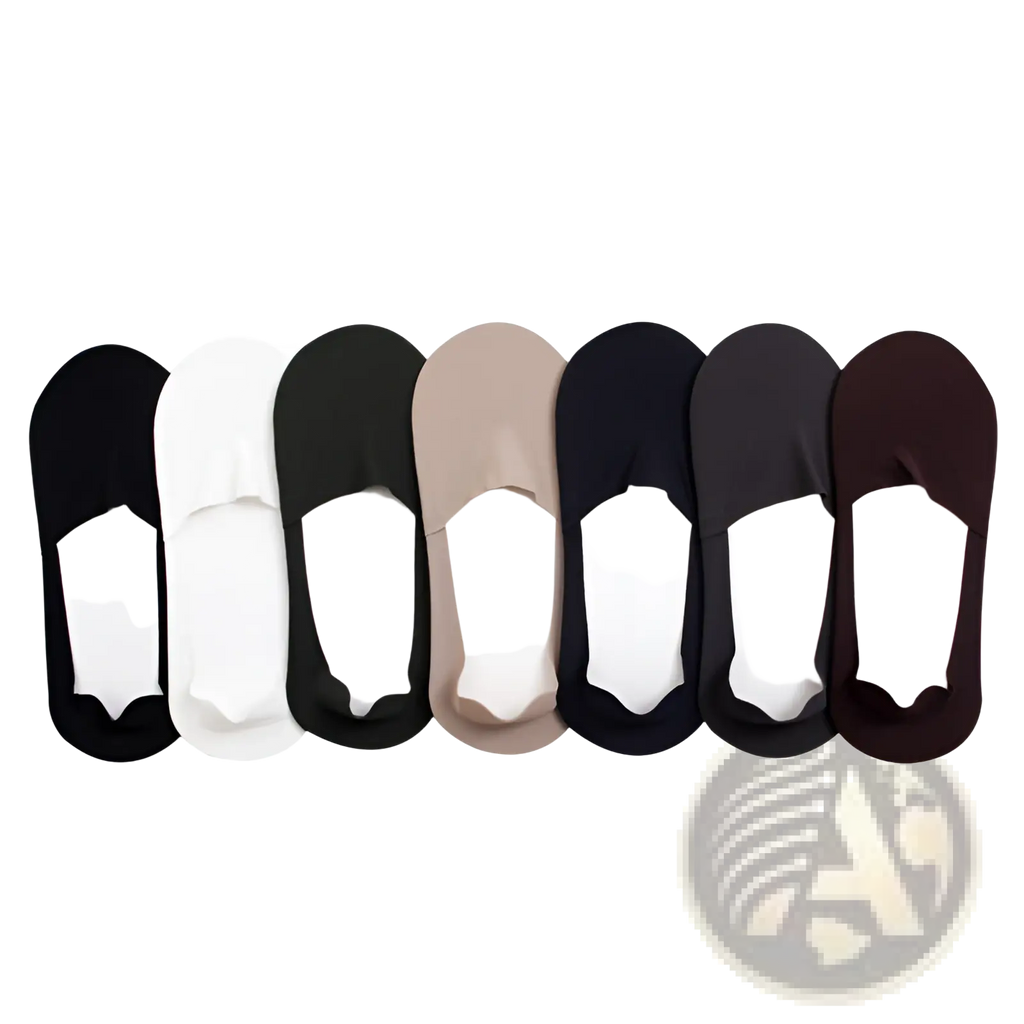 A set of six men cotton invisible no show socks in black white dark gray beige and brown colors