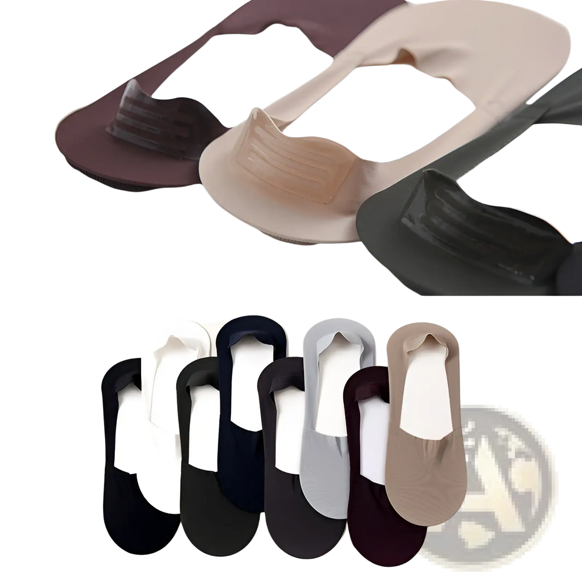 A collection of men cotton invisible no show socks in sheer neutral tones including beige black gray and maroon