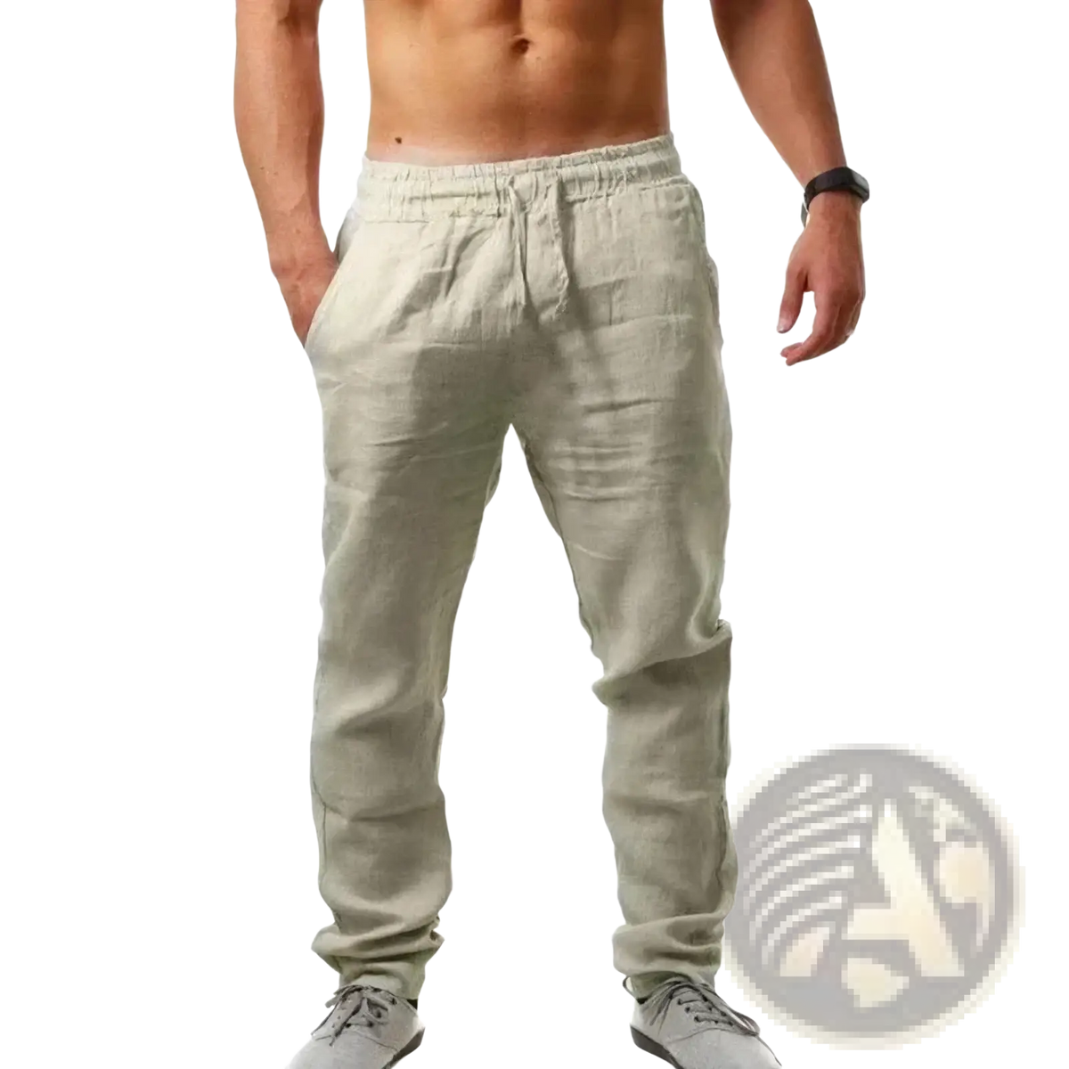 Men cotton linen baggy casual jogger pants in light beige with elastic waistband and drawstring for comfort