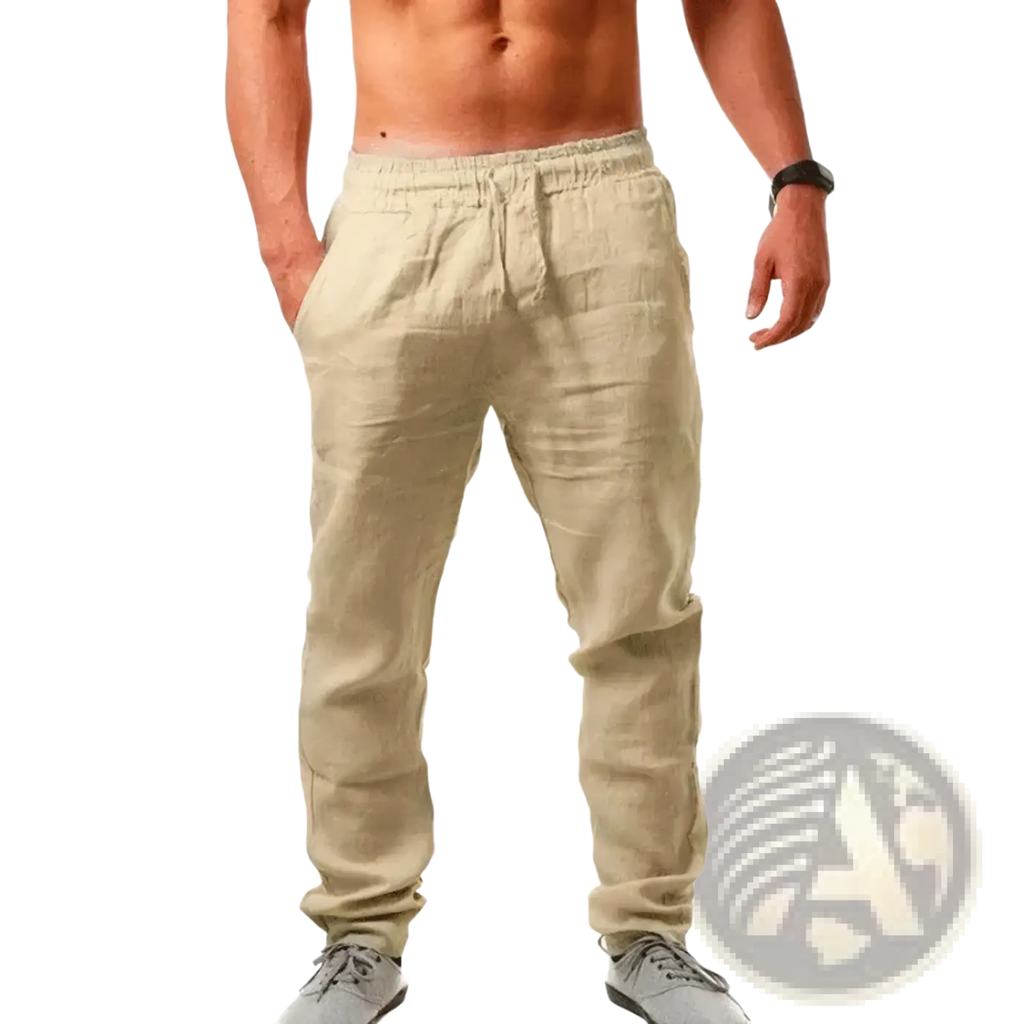 Men cotton linen baggy casual jogger pants in beige with elastic waistband and drawstring for comfortable wear