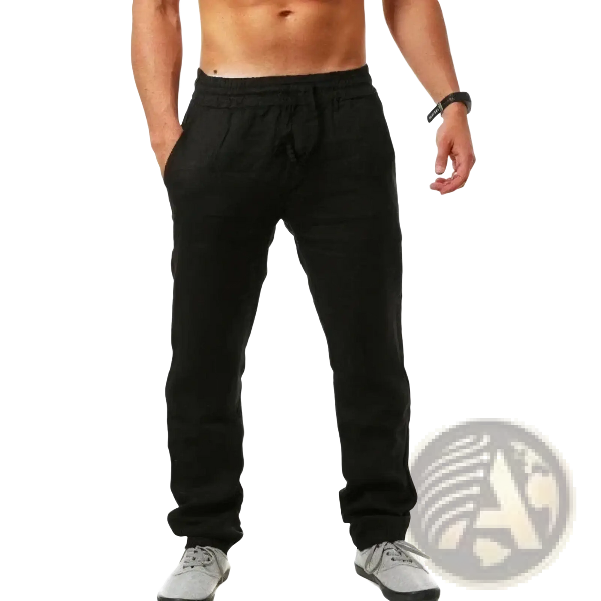 Men cotton linen baggy casual jogger pants in black with a relaxed fit and elastic drawstring waistband