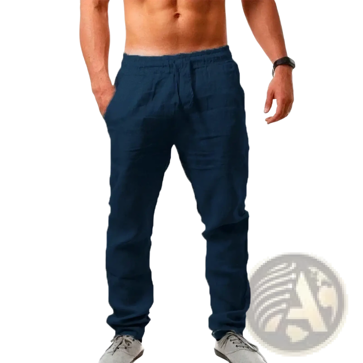 Navy blue men cotton linen baggy casual jogger pants with elastic waistband and drawstring for everyday comfort