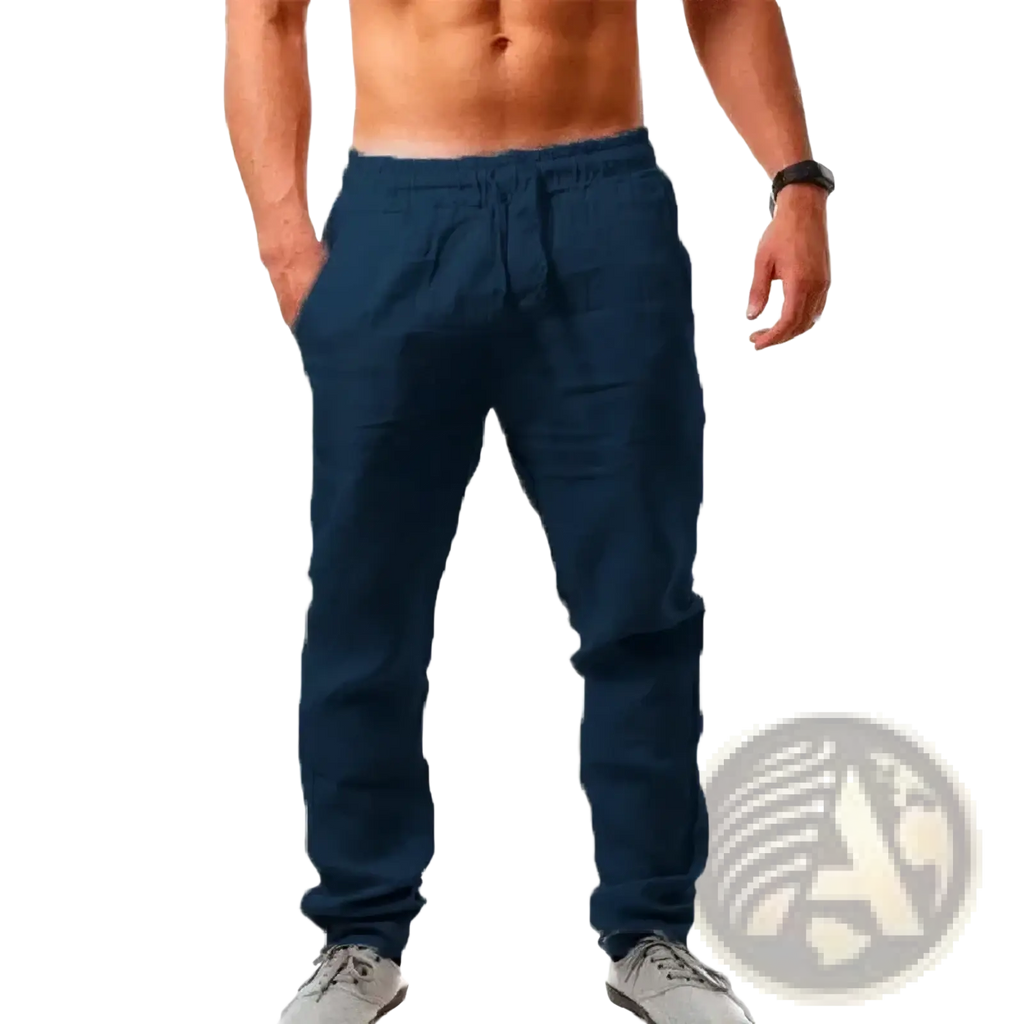 Men cotton linen baggy casual jogger pants in dark blue with relaxed fit elastic waistband and drawstring detail