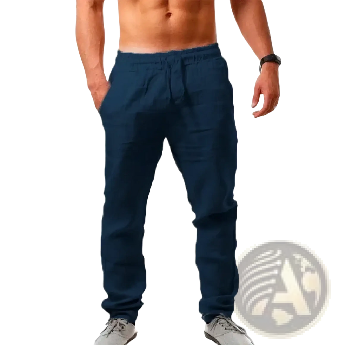Men cotton linen baggy casual jogger pants in dark blue with relaxed fit elastic waistband and drawstring detail