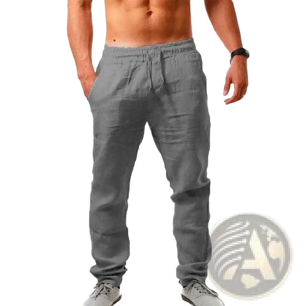 Men cotton linen baggy casual jogger pants in gray linen with elastic waistband and drawstring for comfort