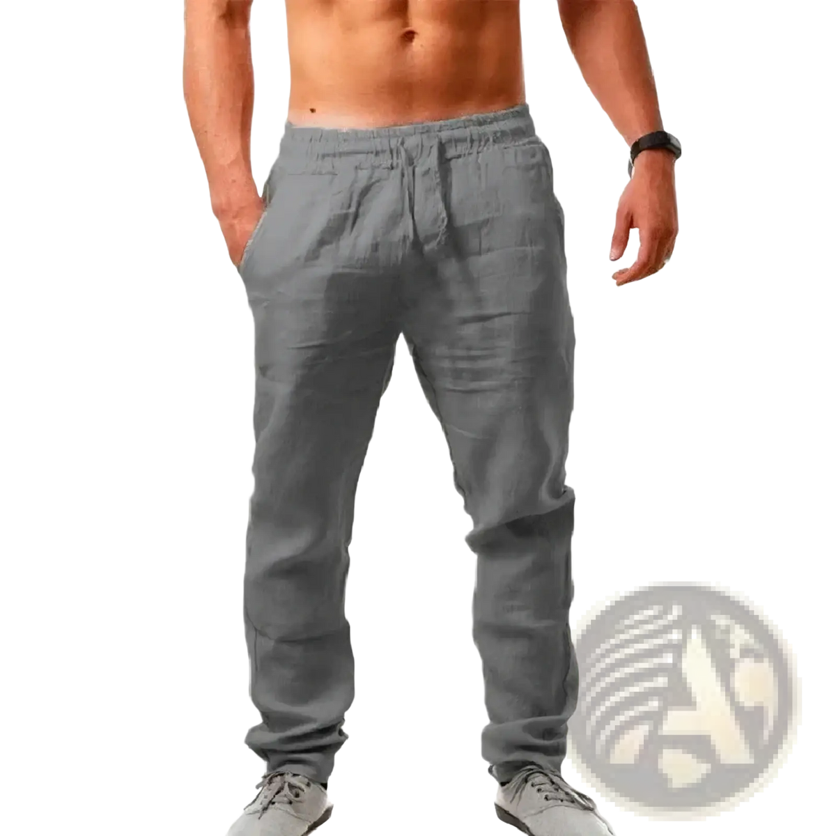 Men cotton linen baggy casual jogger pants in gray linen with elastic waistband and drawstring for comfort