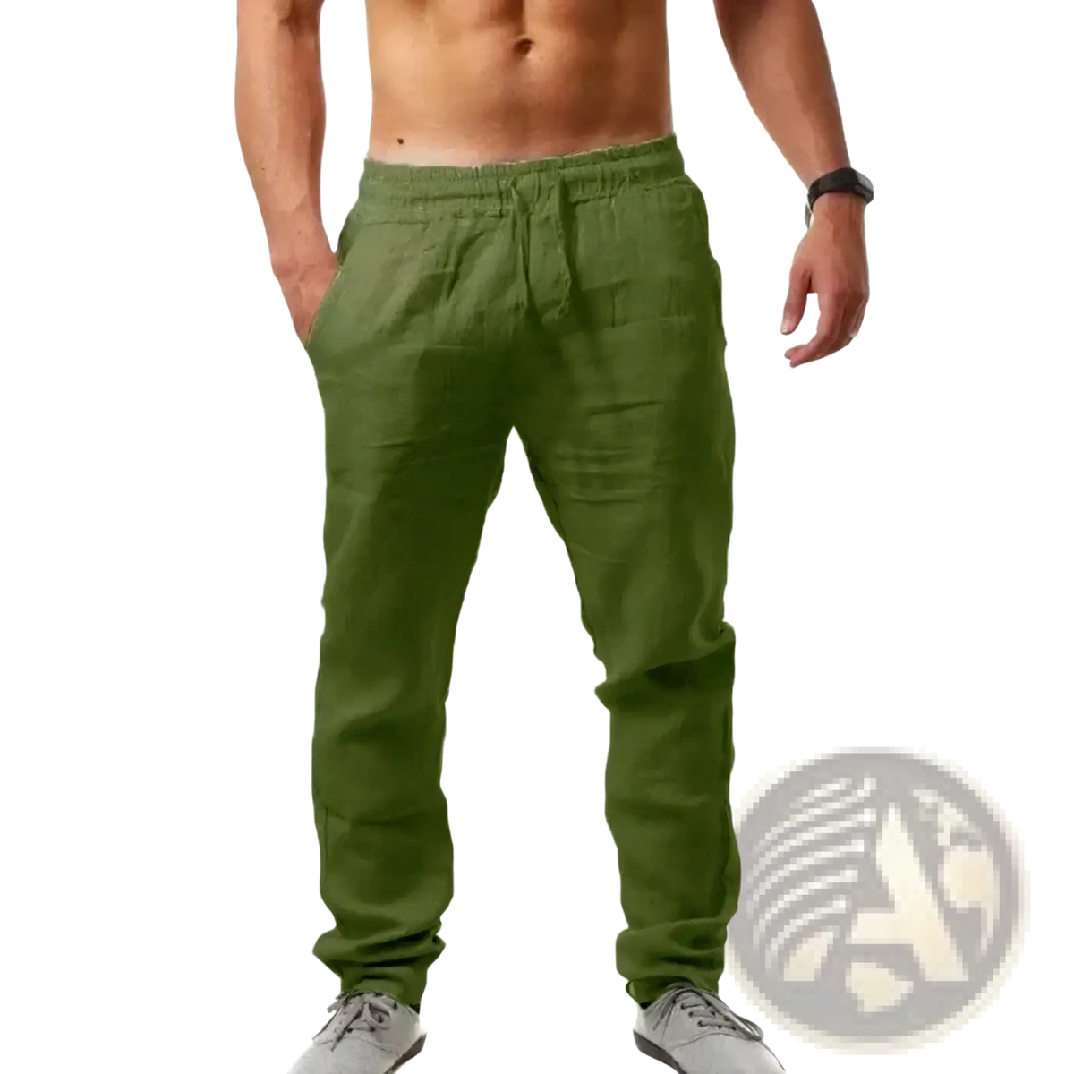 Men cotton linen baggy casual jogger pants in olive green with elastic waistband and drawstring for comfort