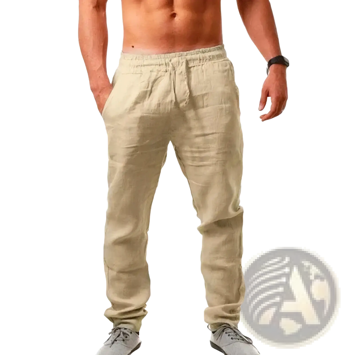 Beige cotton linen men baggy casual jogger pants with elastic waistband and drawstring for comfortable wear