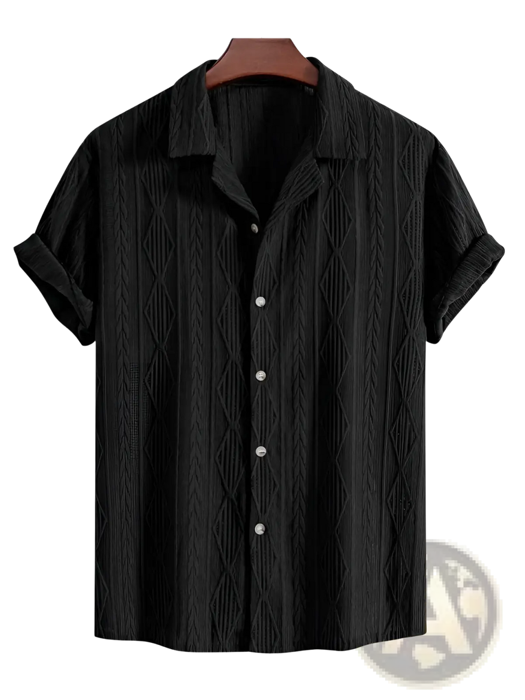 Men cotton linen beach shirt black short-sleeved button-up with textured diamond pattern and rolled cuffs