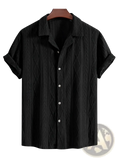 Men cotton linen beach shirt black short-sleeved button-up with textured diamond pattern and rolled cuffs