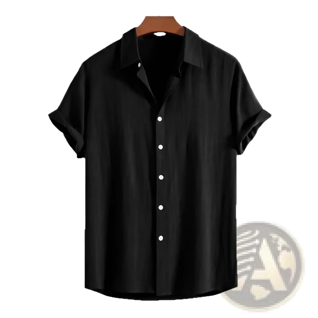Black short-sleeved cotton linen beach shirt with white buttons and collar displayed on a wooden hanger